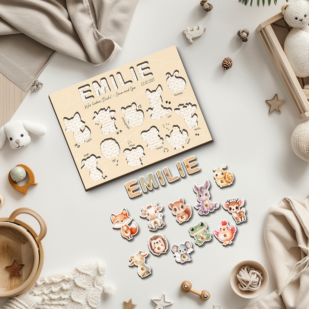 Holz-Steckpuzzle mit Name des Kindes, Geburtstdatum und Widmung