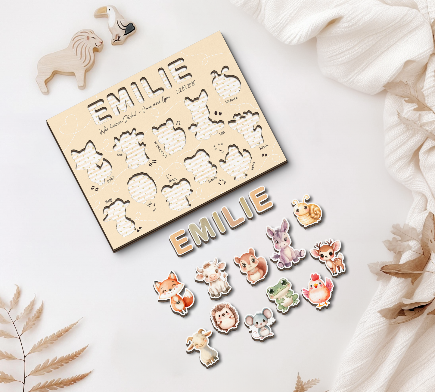 Holz-Steckpuzzle mit Name des Kindes, Geburtstdatum und Widmung