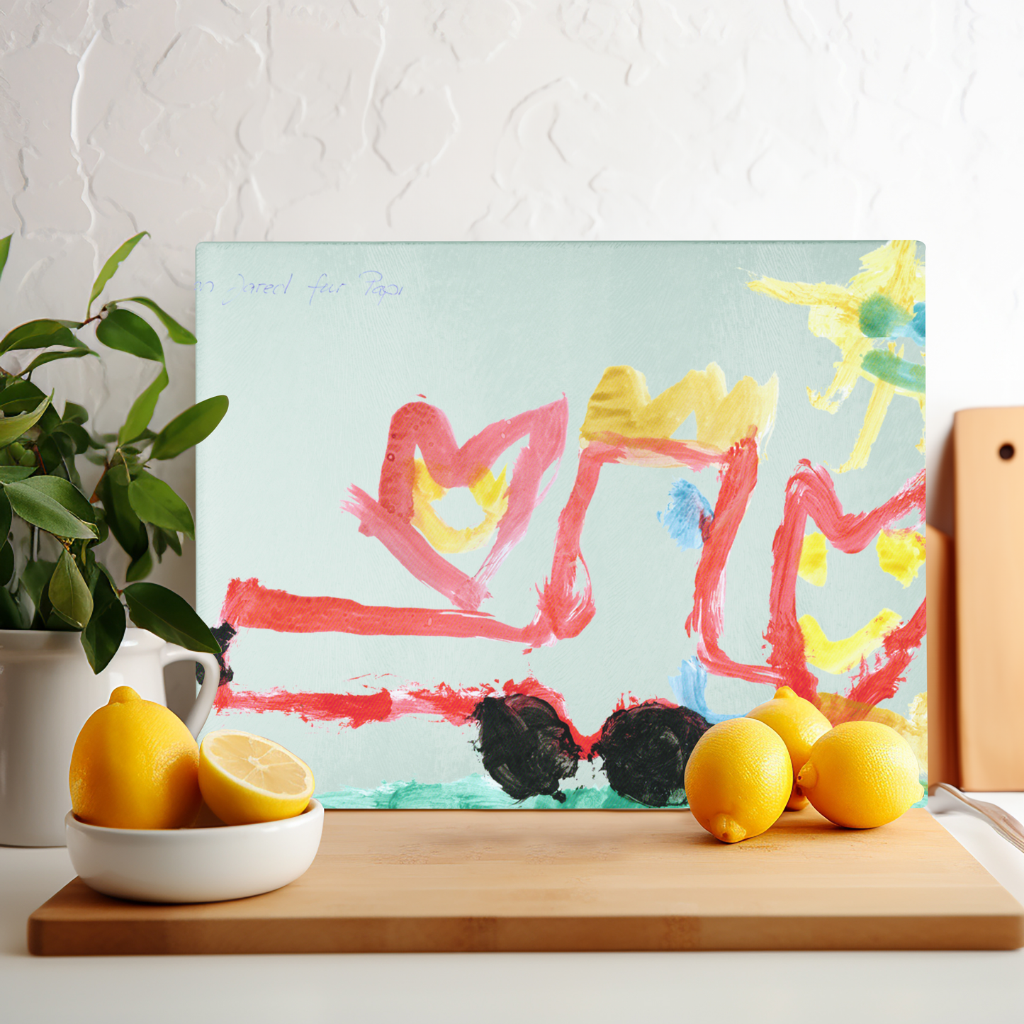 Glas-Schneidebrett mit Kinderzeichnung, Text oder Design (30 x 20 cm)