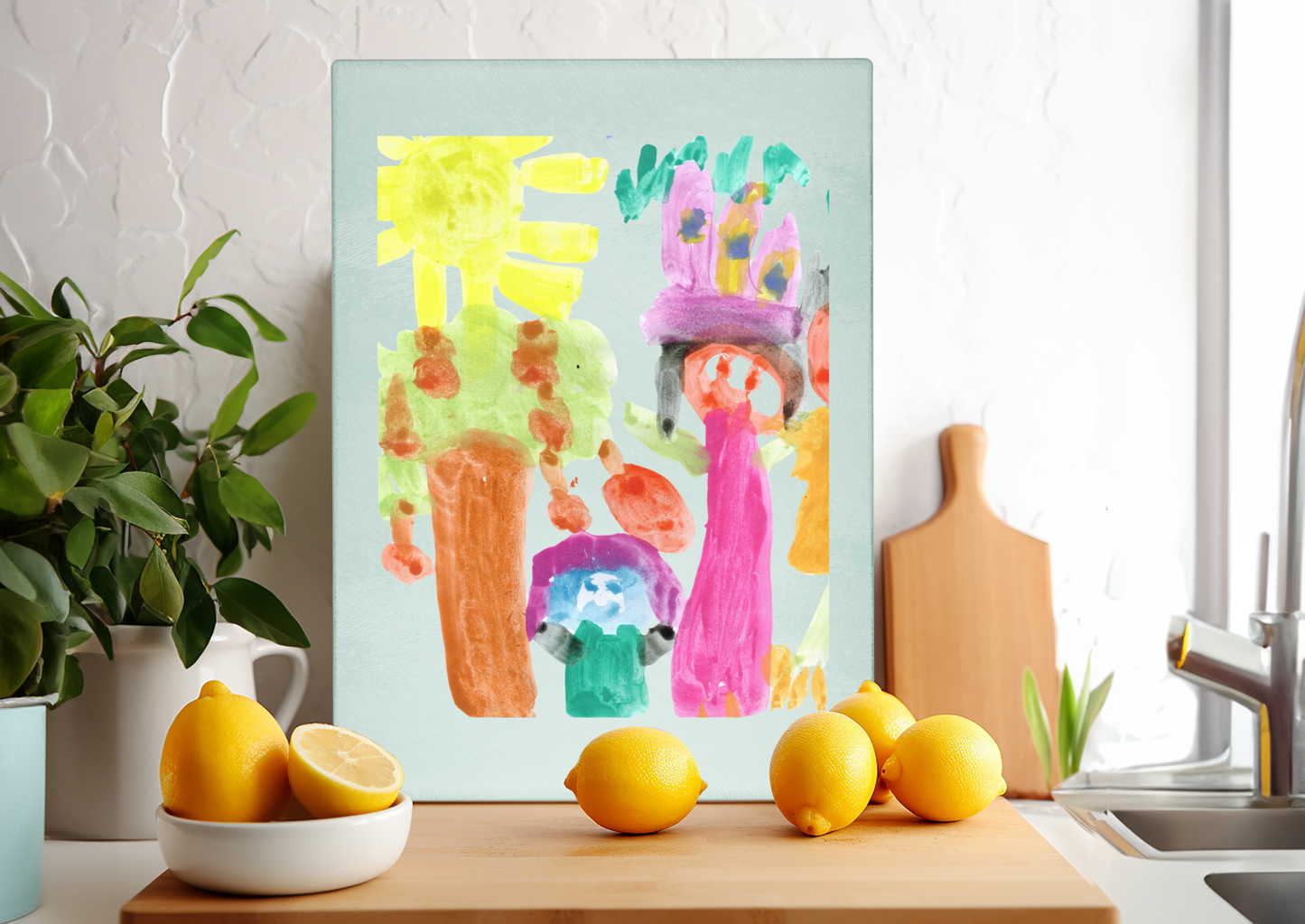 Glas-Schneidebrett mit Kinderzeichnung, Text oder Design (30 x 20 cm)
