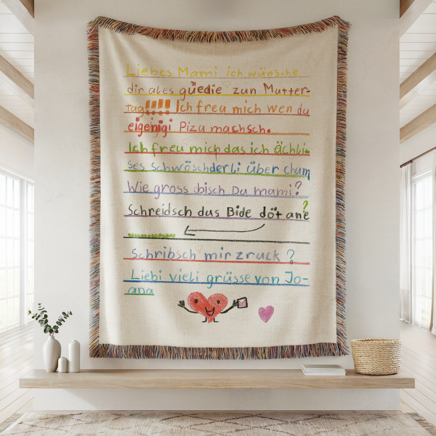 Decke mit Kinderzeichnung, Text oder Design