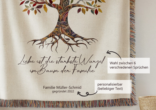 Baum des Lebens mit Familiennamen und Datum - gewebte Decke