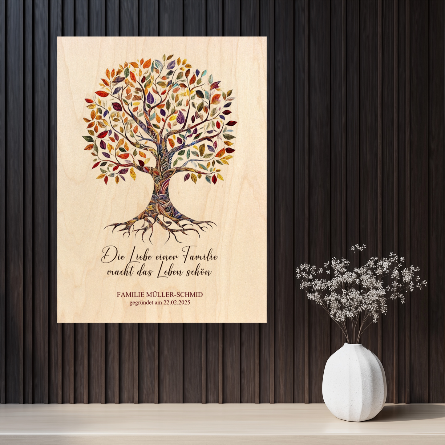 Baum des Lebens mit Familiennamen und Datum - Holzdruck