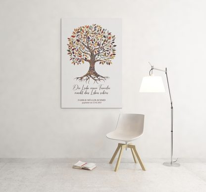 Baum des Lebens mit Familiennamen und Datum - Acrylprint auf Metall