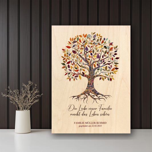 Baum des Lebens mit Familiennamen und Datum - Holzdruck