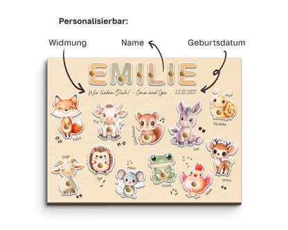 Holz-Steckpuzzle mit Name des Kindes, Geburtstdatum und Widmung