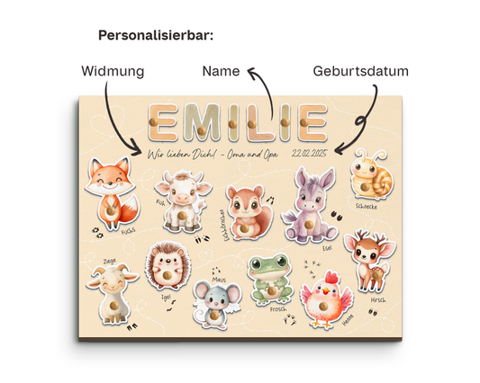 Holz-Steckpuzzle mit Name des Kindes, Geburtstdatum und Widmung