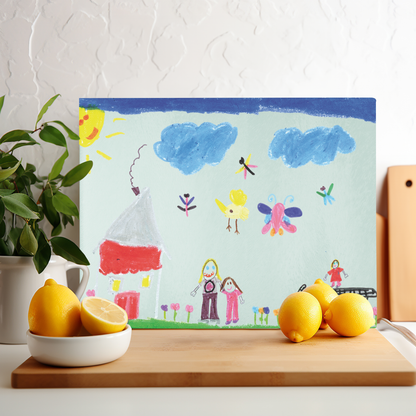 Glas-Schneidebrett mit Kinderzeichnung, Text oder Design (30 x 20 cm)