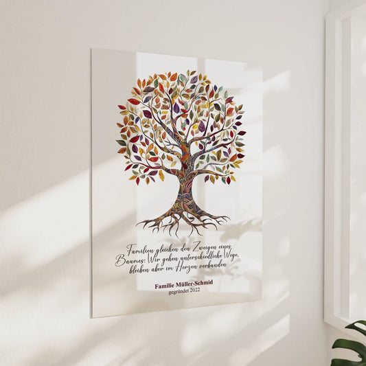 Baum des Lebens mit Familiennamen und Datum - Acrylprint auf Metall